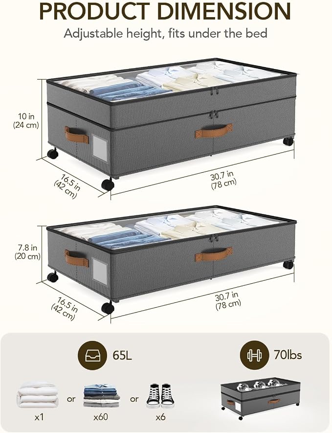 4 Pack Under Bed Storage with Wheels, Adjustable Height Storage Containers - Image 2