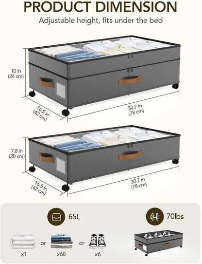 4 Pack Under Bed Storage with Wheels, Adjustable Height Storage Containers - Image 2