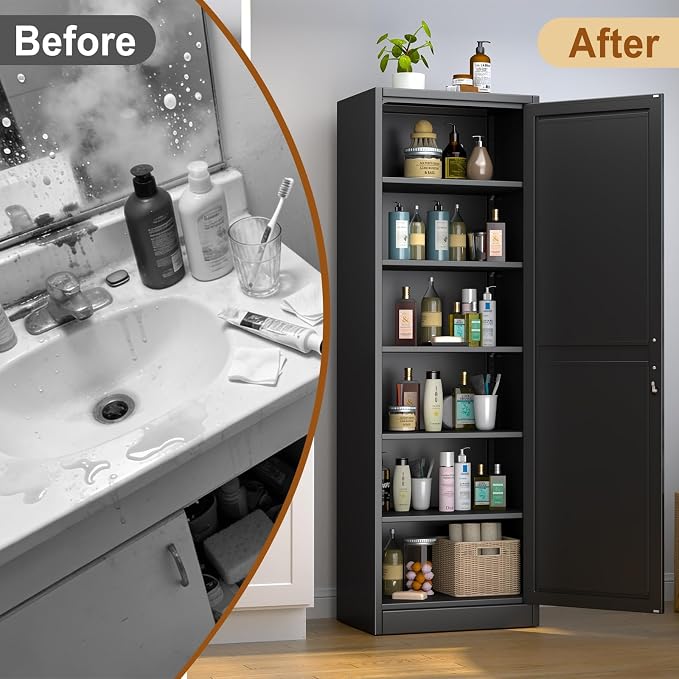 Tall Metal Narrow Bathroom Storage Locker Cabinet 67" H, Tall Black Pantry - Image 8