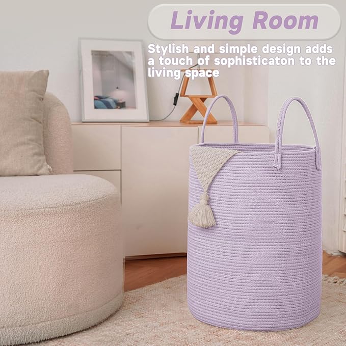 Large Woven Laundry Basket Hamper, 80L Cotton Rope Storage Bin - Image 3