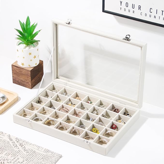 Coward Ring Earring Jewelry Organizer Box, 35 Grids Dustproof Display Holder - Image 4