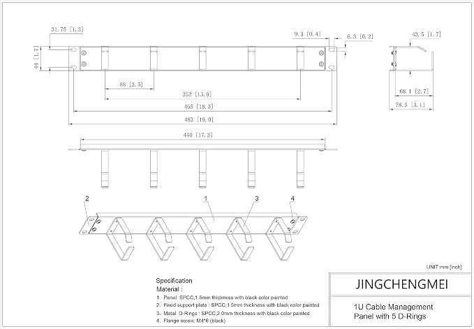 Jingchengmei 19-Inch 1U Metal Horizontal Rackmount Cable Manager - Image 3