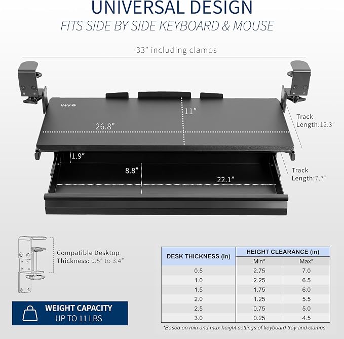 VIVO Large Height Adjustable Clamp-on Keyboard Tray, Extra Sturdy Pull Out - Image 3