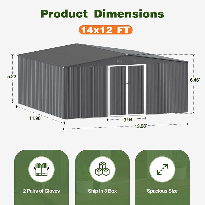 14 x 12 FT Outdoor Storage Shed, Heavy-Duty Galvanized Steel Tool Shed - Image 2