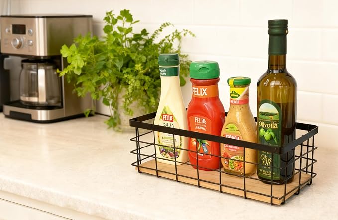 Detachable Wood Base Wire Basket tabletop or wall mount, Medium | Farmhouse - Image 7