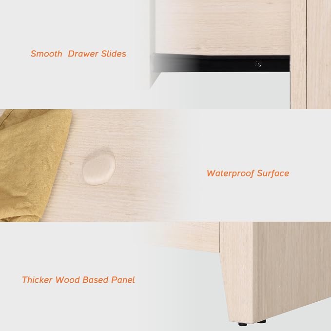 WAMPAT Farmhouse 3 Drawer Nightstand Set of 2, Large Wood Bedside Tables - Image 4