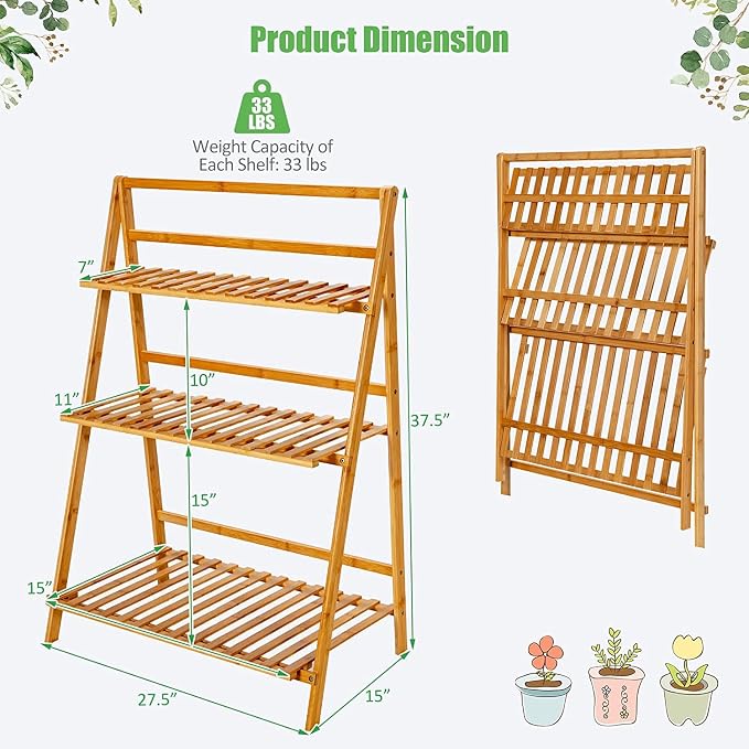 3-Tier Bamboo Plant Flower Stand Rack Shelf, Foldable Planter Racks, Pot - Image 6