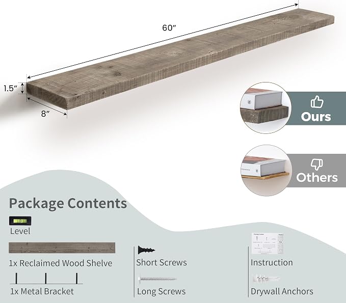 60 Inch Long Wood Floating Shelf, Solid Rustic Reclaimed Barnwood Planks 8 Inch - Image 2