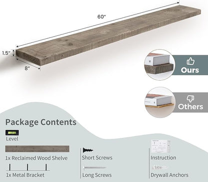 60 Inch Long Wood Floating Shelf, Solid Rustic Reclaimed Barnwood Planks 8 Inch - Image 2