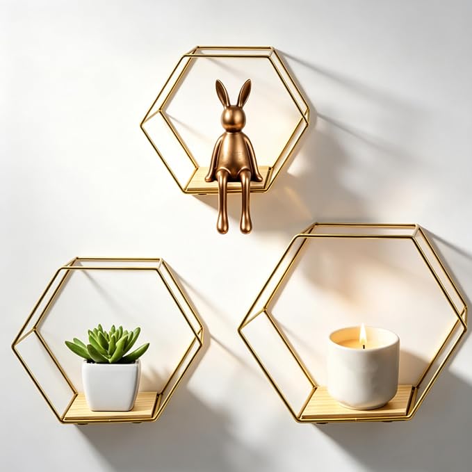Gold Hexagon Floating Wall Shelves 3 Pack | Geometric Shelving by Unknown