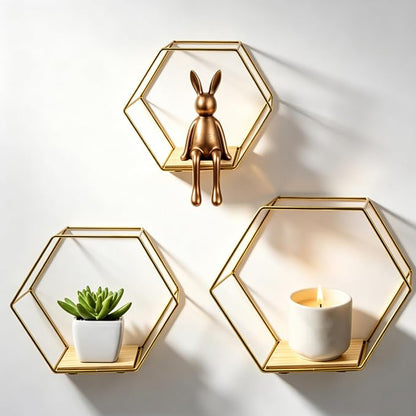 Gold Hexagon Floating Wall Shelves 3 Pack | Geometric Shelving by Unknown