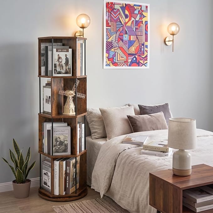 VIWODS 4 Tier Rotating Bookshelf Tower, 360° Display Spinning Bookcase - Image 5