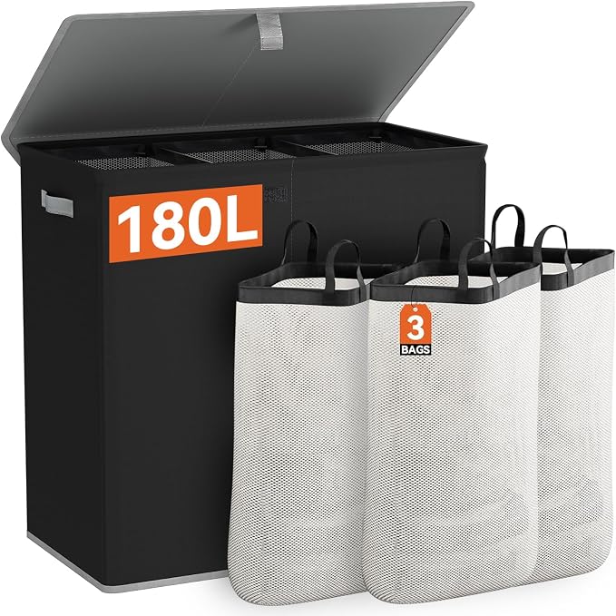 WOWLIVE Laundry Hamper with Lid, 180L Large Laundry Basket 3 Section with by WOWLIVE