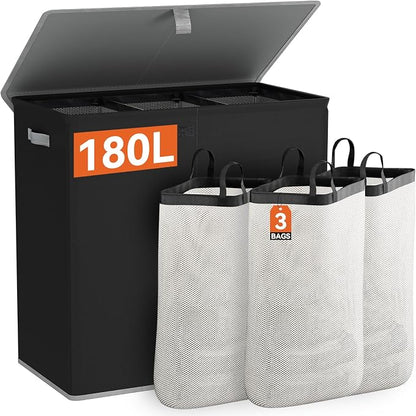 WOWLIVE Laundry Hamper with Lid, 180L Large Laundry Basket 3 Section with by WOWLIVE