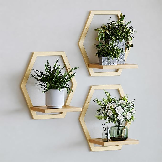3 Pack Solid Wood & Metal Framework Wall Plant Stands, 9 inch Natural Wood by HomecourtyardsInterio