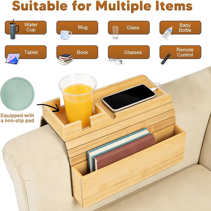 Bamboo Foldable Couch Arm Tray Storage Caddy - Image 5