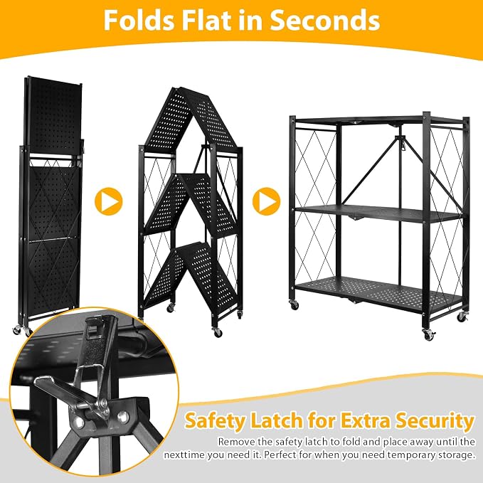 3 Tier Folding Shelf with Wheels, Foldable Metal Shelving Unit, No Assembly - Image 6