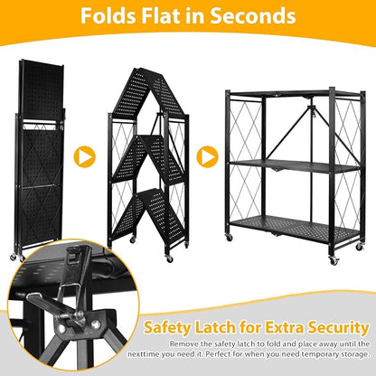 3 Tier Folding Shelf with Wheels, Foldable Metal Shelving Unit, No Assembly - Image 6