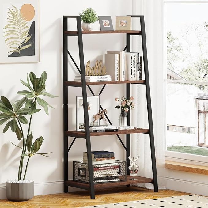 BON AUGURE Industrial Ladder Shelf Bookcase, 4 Tier Rustic Ladder Bookshelf by BONAUGURE