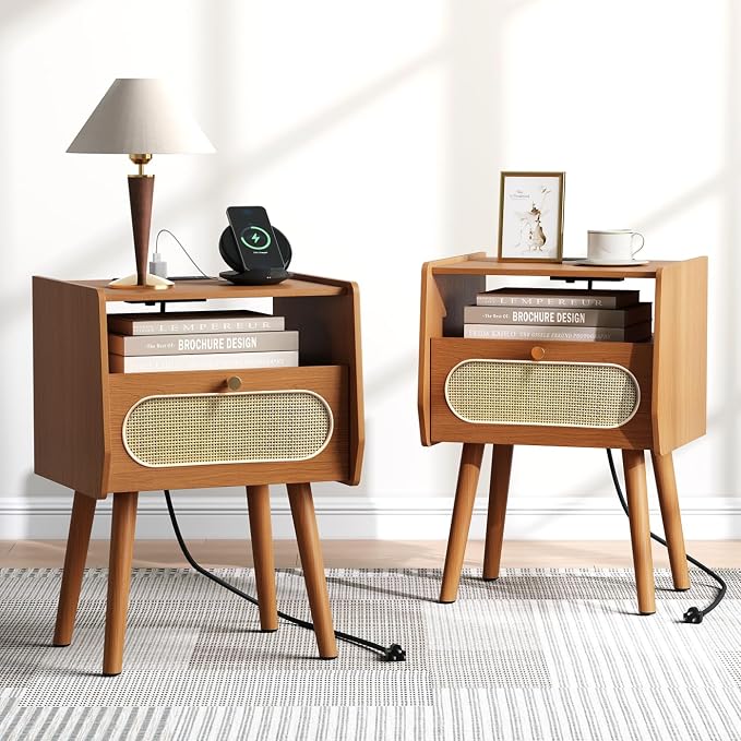 Night Stand Set 2, Mid Century Modern Nightstands, Rattan Bedside Table by Joinice