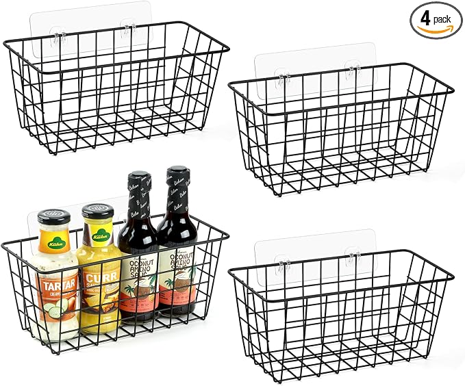ZUSHALLMY 4 Pack Hanging Kitchen Baskets, Adhesive Wire Wall Storage Basket by ZUSHALLMY