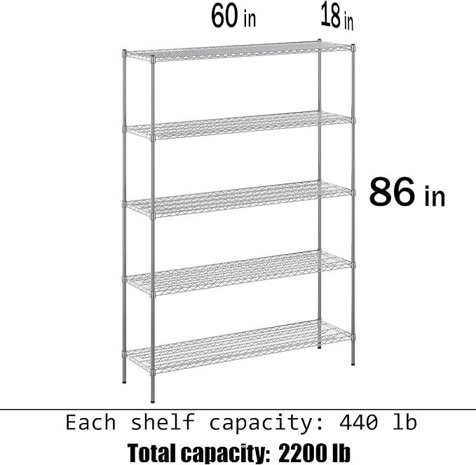 18" Deep x 60" Wide x 86" Height Wire Shelving Kit | 5-Tier | NSF Commercial - Image 3