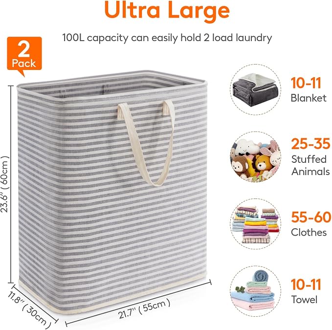 Lifewit 2 Pack Laundry Basket 100L Each, Collapsible Clothes Hamper - Image 4
