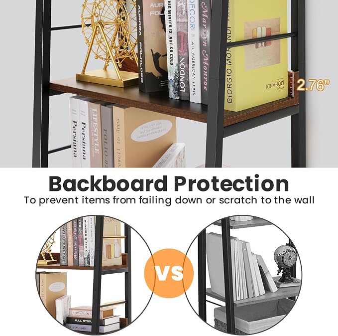 Himimi Industrial Bookshelf 5-Tier, Home Office Bookcase Ladder Shelf, - Image 5