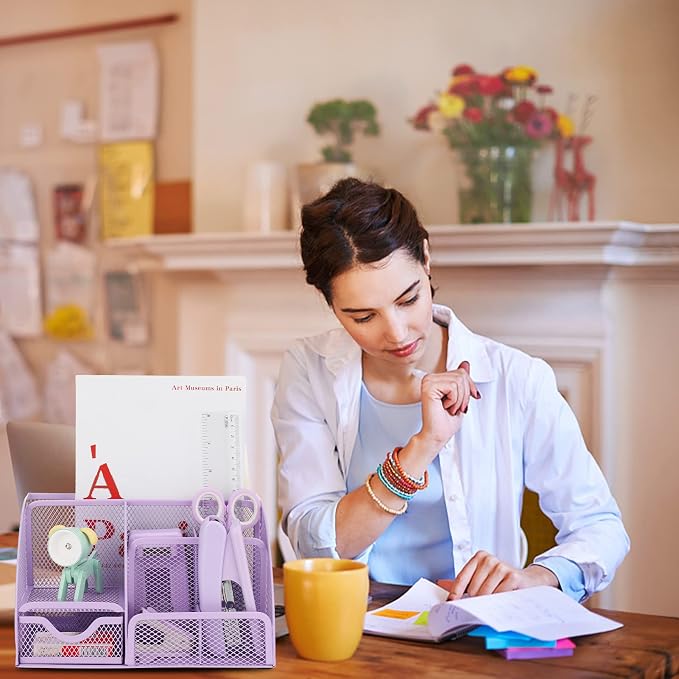 Purple Mesh Desk Organizer and Accessories, Tape Dispenser, 1000 Staples - Image 7