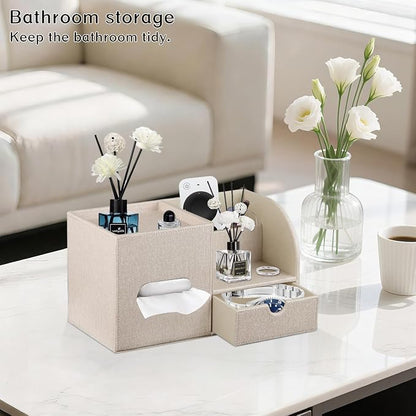 Square Tissue Box Cover with Drawer Storage and Tray on Top, PU Leather Tissues - Image 2