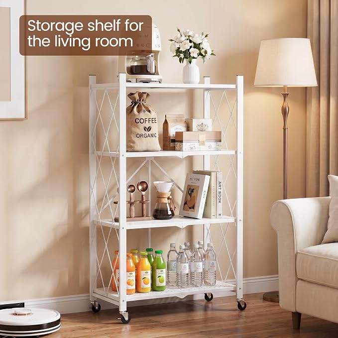 ALANNG 4 Tier Folding Storage Shelf on Wheels, Heavy Duty Metal Rolling Cart | - Image 5