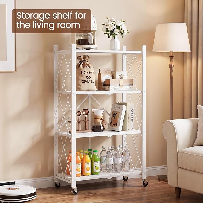 ALANNG 4 Tier Folding Storage Shelf on Wheels, Heavy Duty Metal Rolling Cart | - Image 5