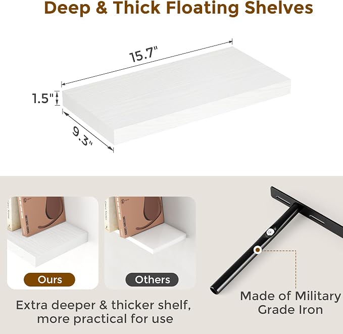 White Floating Shelves for Wall, 16 Inch Wall-Mounted Bathroom Shelves Set of 2 - Image 3