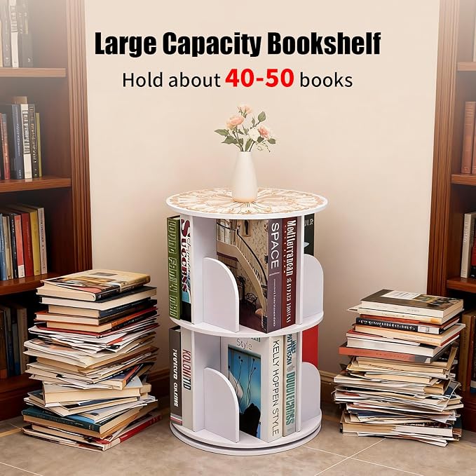 2 Tier Rotating Bookshelf Tower Spinning Bookshelf Revolving 360°Bookcase - Image 2