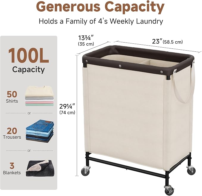 StorageWorks 2 Section Laundry Hamper, 100L Beige Sorter Cart - Image 3