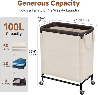 StorageWorks 2 Section Laundry Hamper, 100L Beige Sorter Cart - Image 3