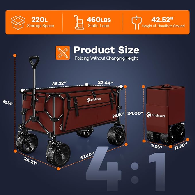220L Collapsible Wagon Cart Foldable, 460lbs Load Capacity Heavy Duty Folding - Image 4