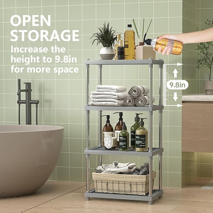 4 Tier Gray Plastic and Metal Standing Shelf Units, Durable Storage Shelves - Image 3