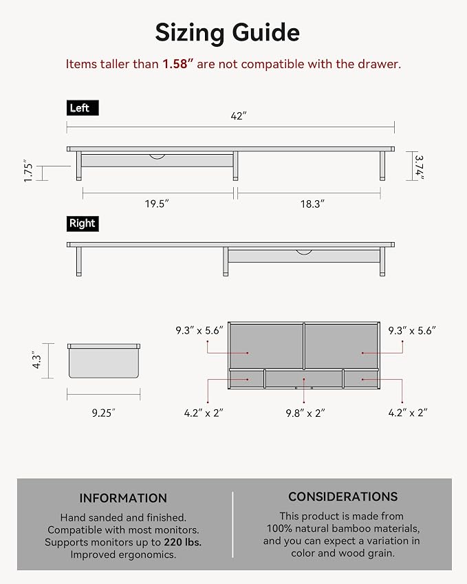 42” Monitor Stand with Large Drawer Keyboard Storage, Dark Bamboo | dual - Image 5
