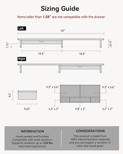 42” Monitor Stand with Large Drawer Keyboard Storage, Dark Bamboo | dual - Image 5