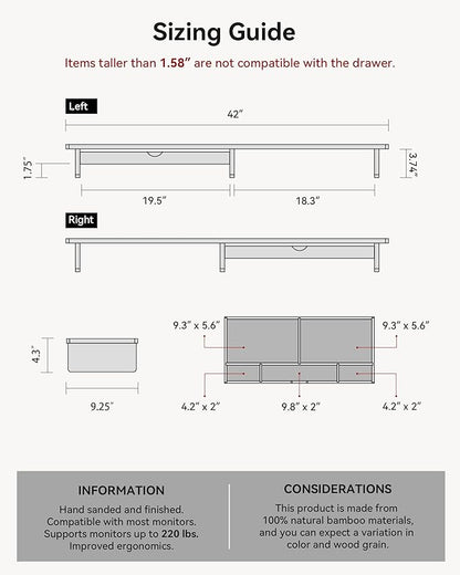 42” Monitor Stand with Large Drawer Keyboard Storage, Bamboo | Dual Computer - Image 5