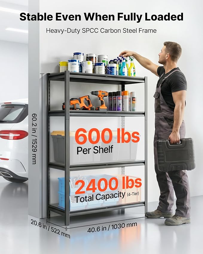 VEVOR Storage Shelves, 4-Tier Adjustable, 2400 lbs Capacity, Heavy Duty Garage - Image 3