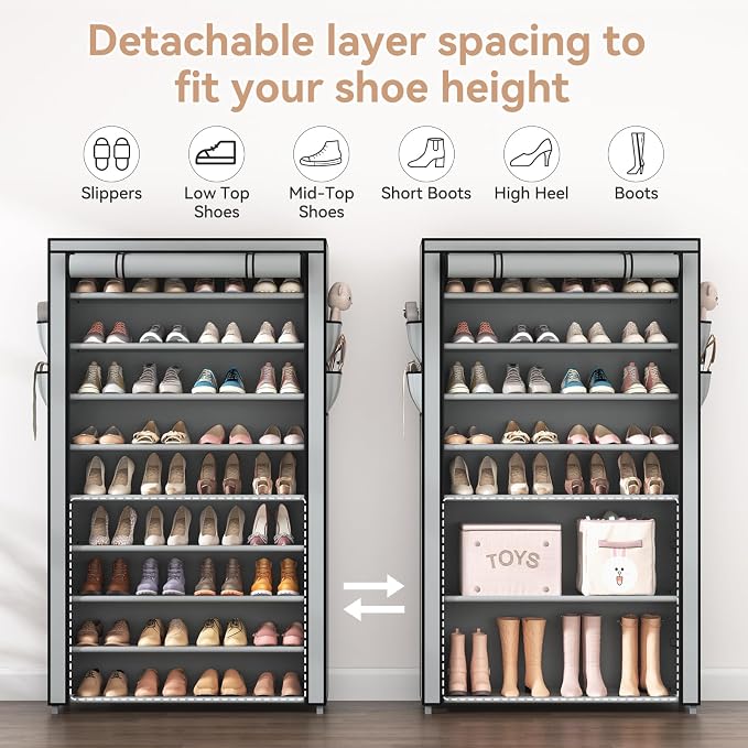 LANTEFUL Shoe Rack with Covers 10 Tier Tall Shoe Rack Organizer Large Capacity - Image 7