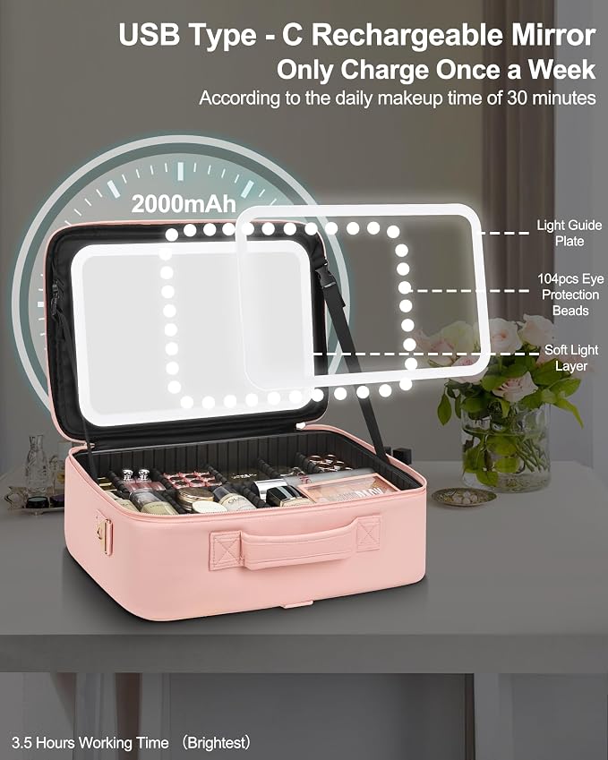 Relavel Makeup Bag with LED Mirror, 16.2 inches Large Makeup Case Travel - Image 4