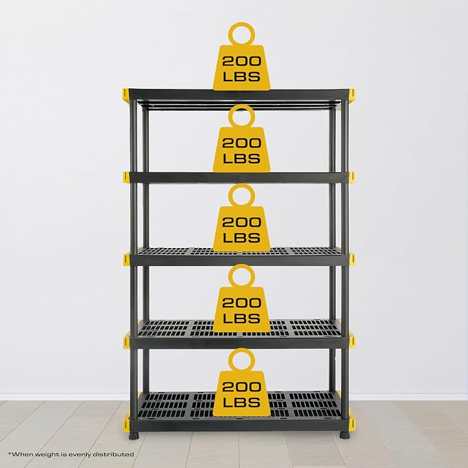 CX Black & Yellow, 5-Tier Heavy Duty Plastic Storage Shelving Unit, 200lbs/shelf - Image 4