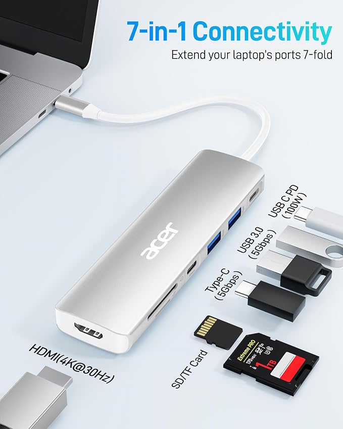 Acer USB C Dock, 7 in 1 USB-C to HDMI Hub, 2 USBA 3.1 GEN1 and 5Gbps Type-C - Image 2