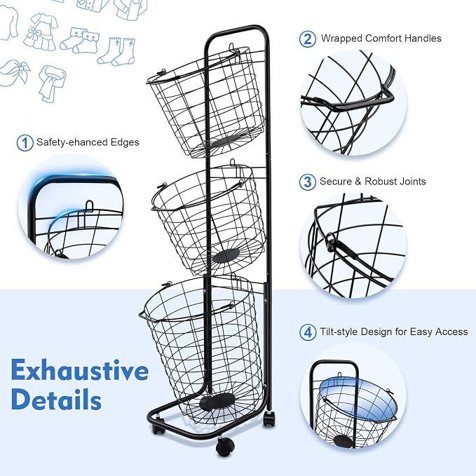 Laundry Basket on Wheels, 3 Tier Large Laundry Hampers, 10.4 * 13 * 48.4inch - Image 4