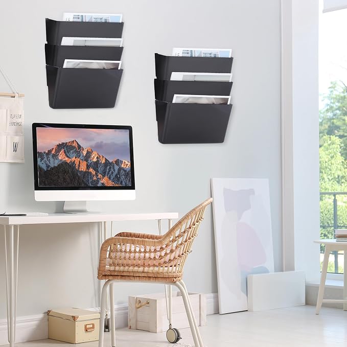 6 Pack Black Plastic Single Pocket Hanging File Organizer, Wall Mount Paper - Image 5