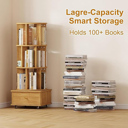 Rotating Bookshelf with Drawers on Lockable Wheels Wood Oak | 4 Tier Spinning - Image 6