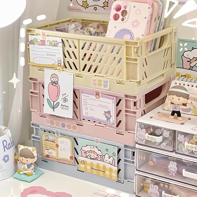 Small Pastel Plastic Storage Bins 2Pcs Foldable Pastel Crates Plastic Basket - Image 4